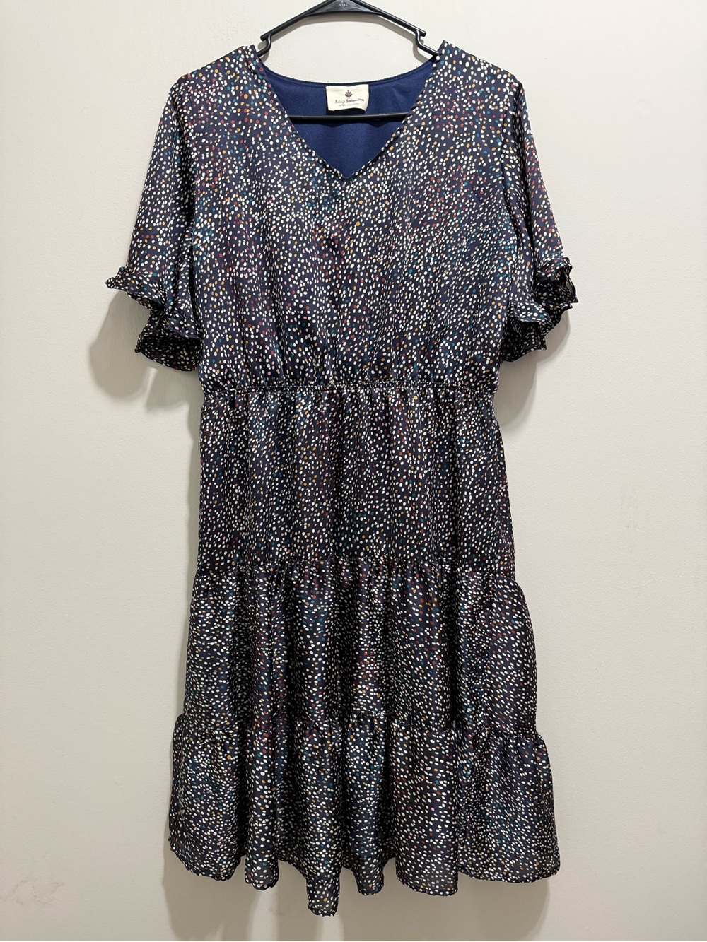 Navy Multi-Dot V-Neck Tiered Midi Dress